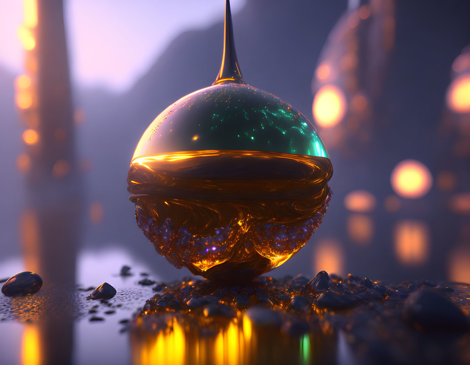 Glossy surreal orb with golden twirl and sparkling core above foggy mountains