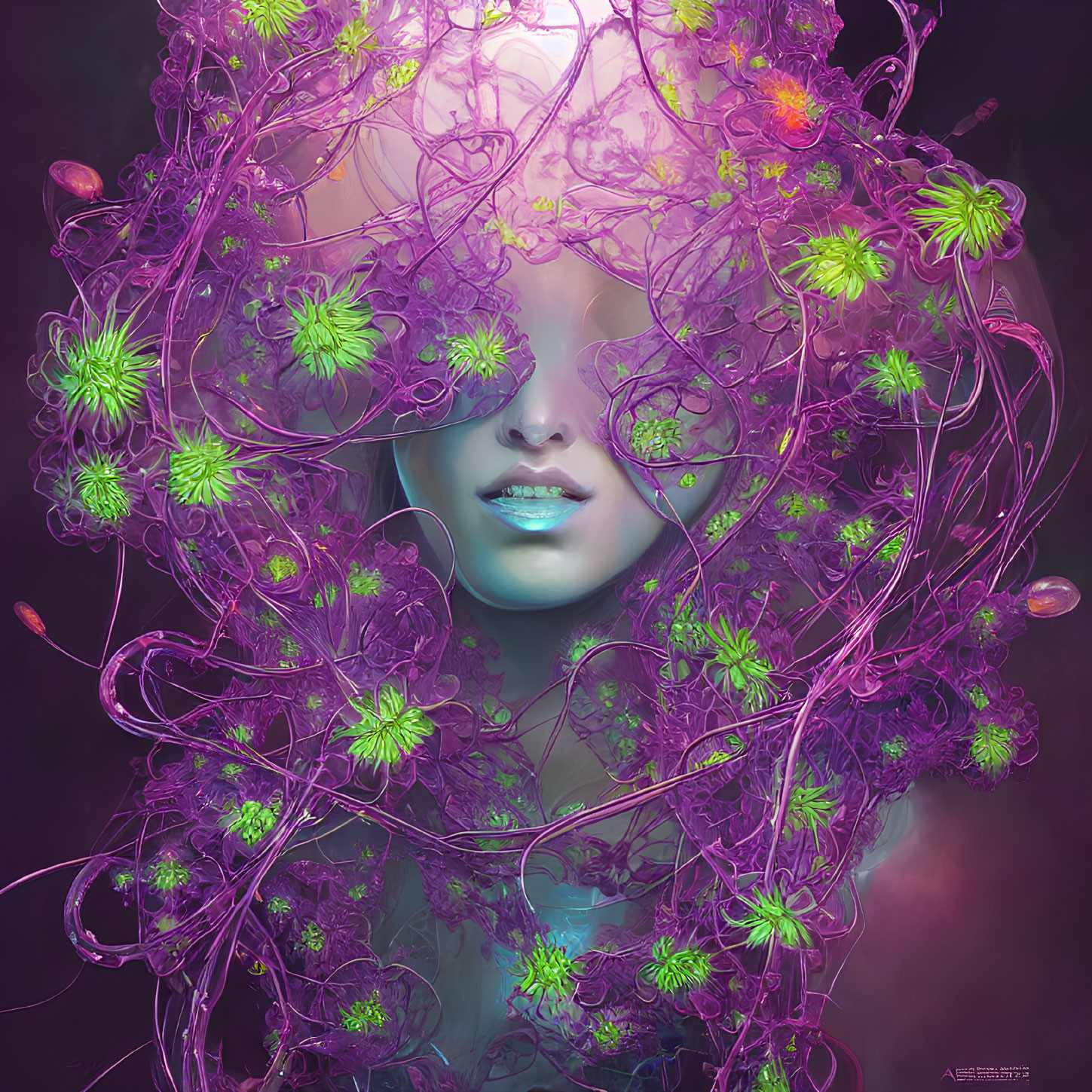 Vibrant surreal portrait with purple and green floral tendrils