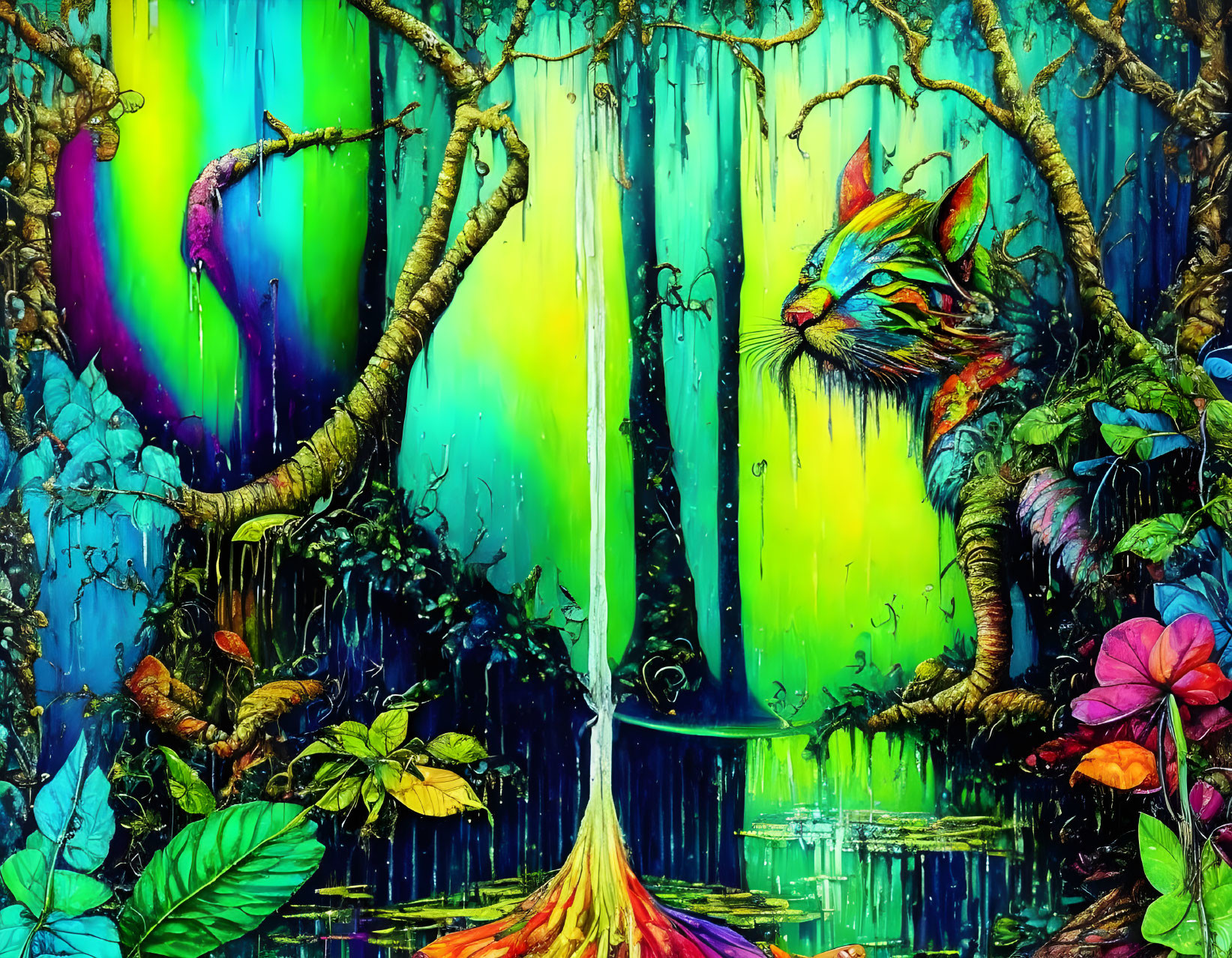 Colorful painting of whimsical forest with cat face, rainbow, waterfall, and plants