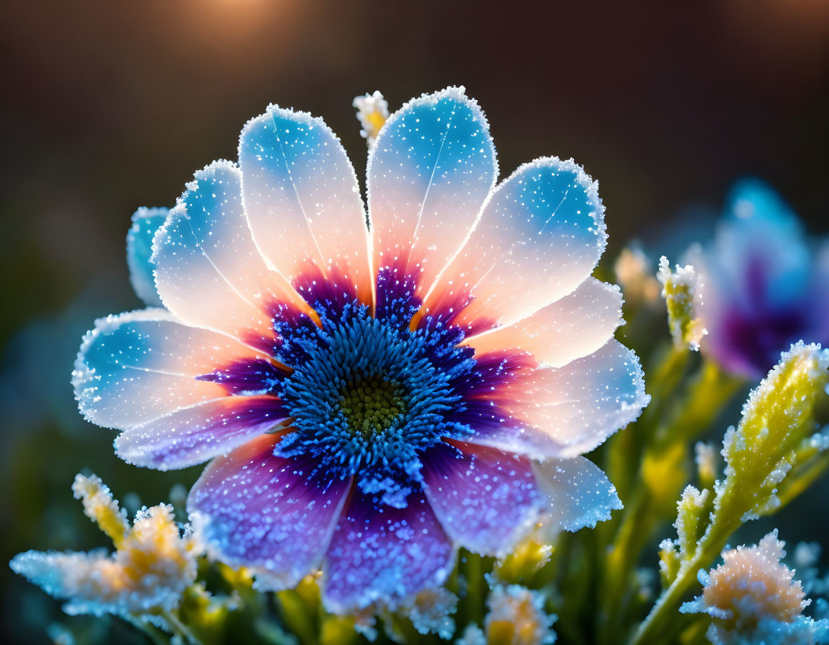 Vibrant blue and pink flower with dew droplets in soft warm light