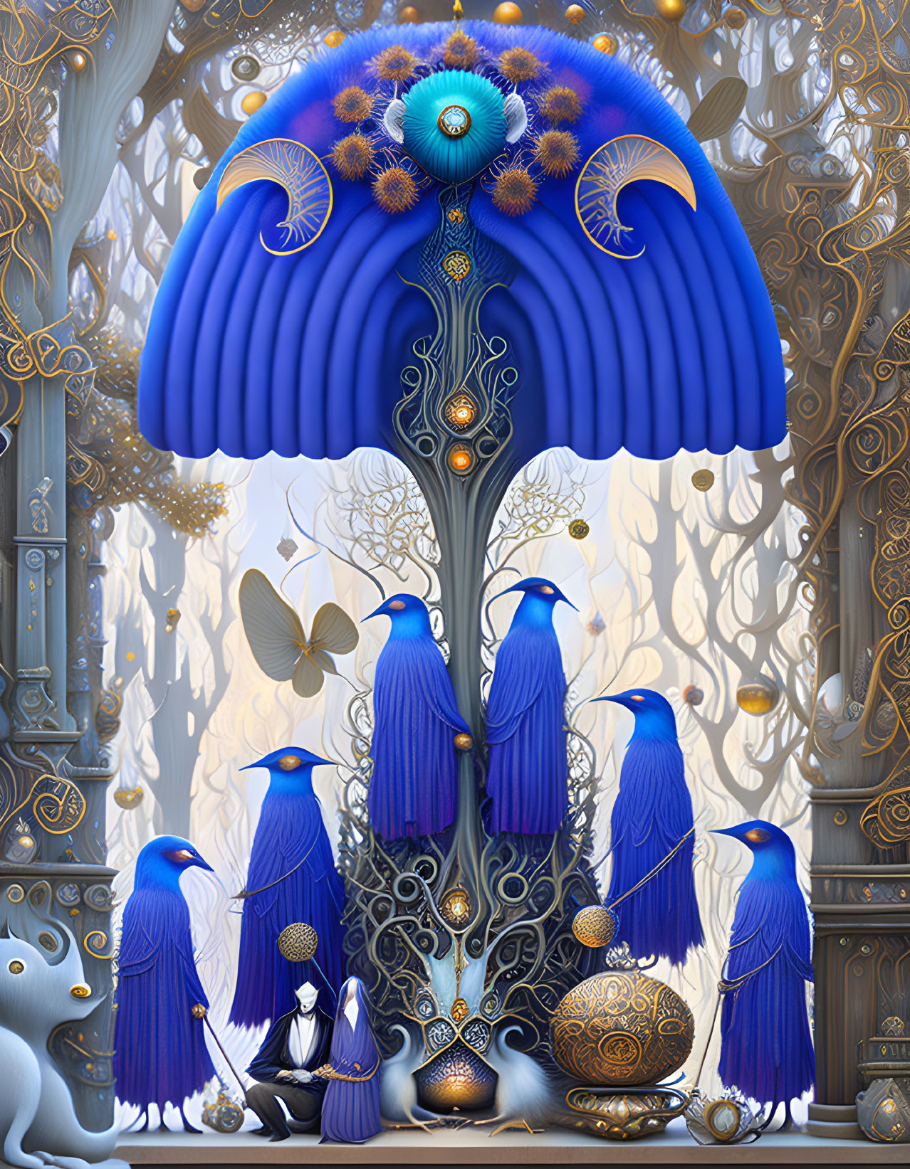 Fantasy image featuring blue birds in ornate robes under a mushroom cap, surrounded by gold trees,