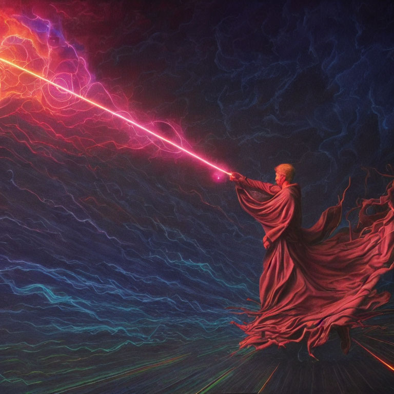 Robed Figure with Outstretched Arm in Vibrant Fantasy Scene