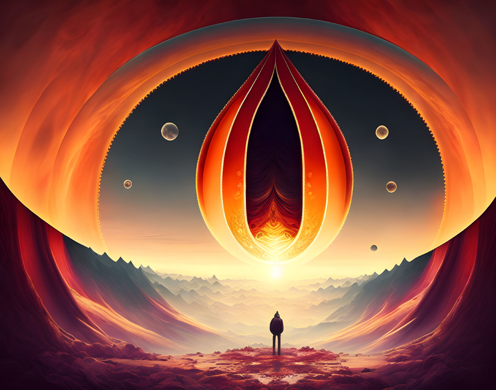 Surreal cosmic scene with mountains, rising sun, tear-shaped portal, and planetary bodies