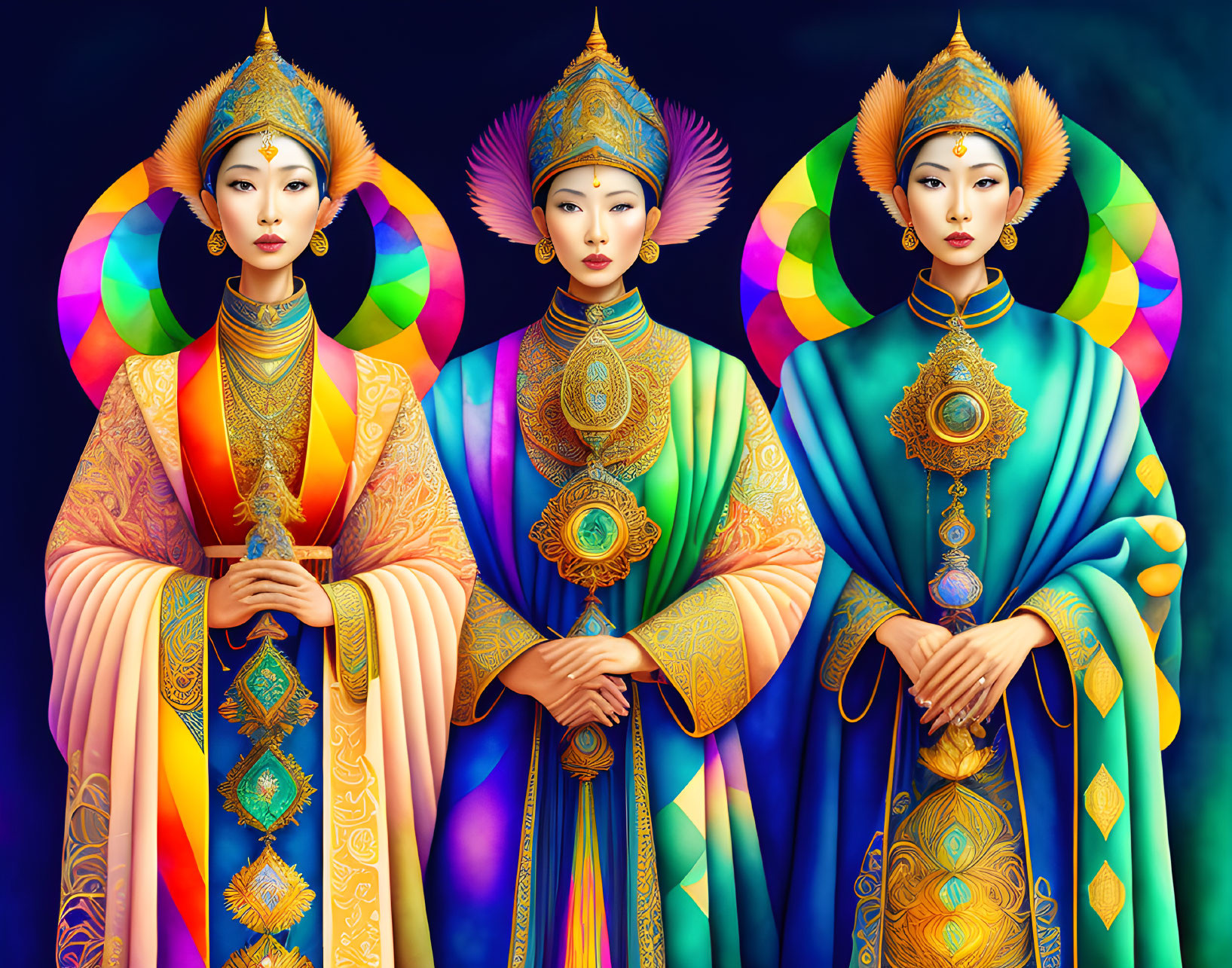 Vibrant traditional Asian attire on three women with ornate headdresses and jewelry