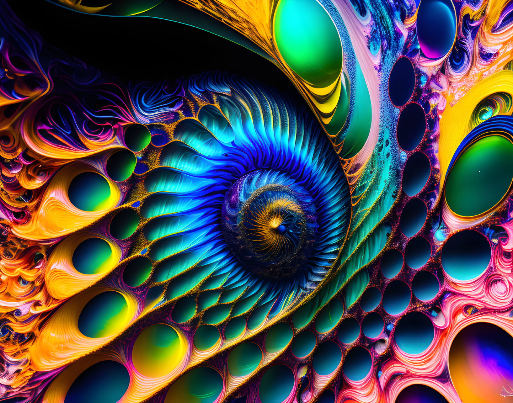 Colorful Digital Fractal with Peacock Feather-Like Spiral