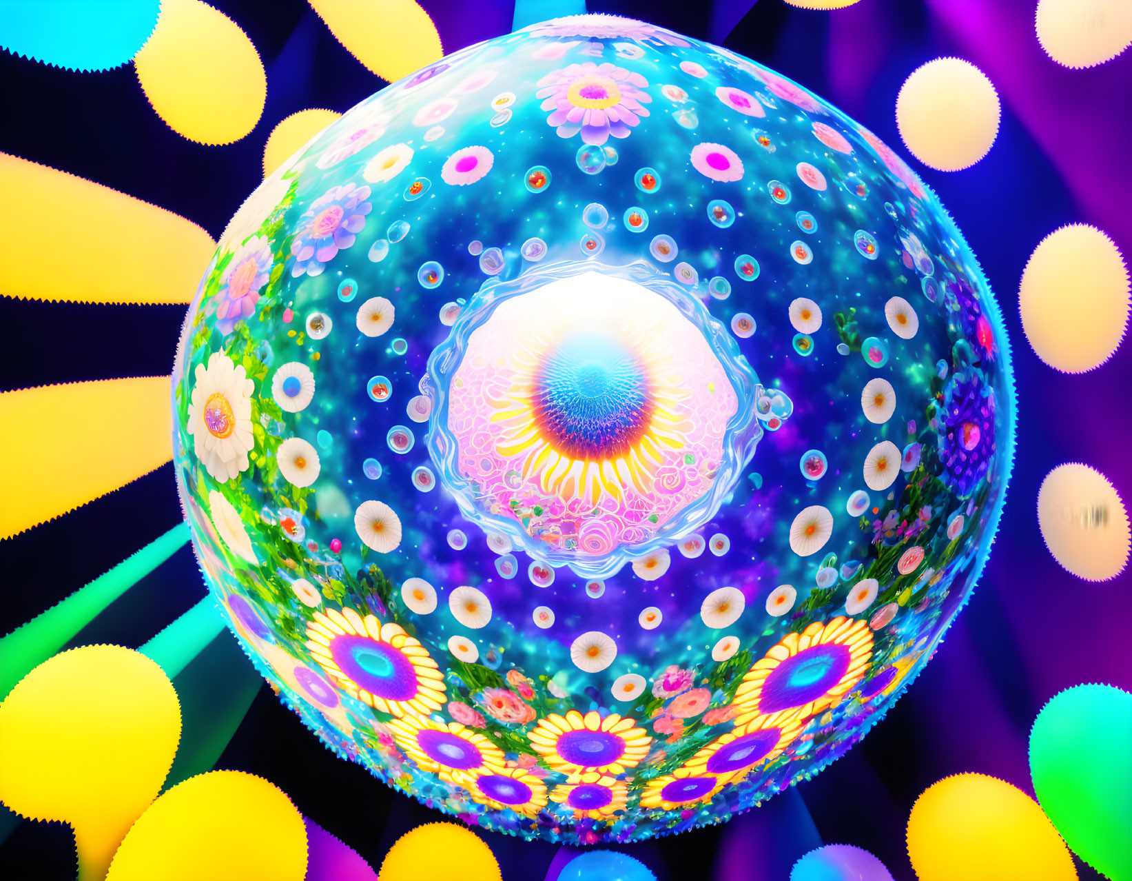 Colorful digital artwork with glowing orb and floral patterns on neon background