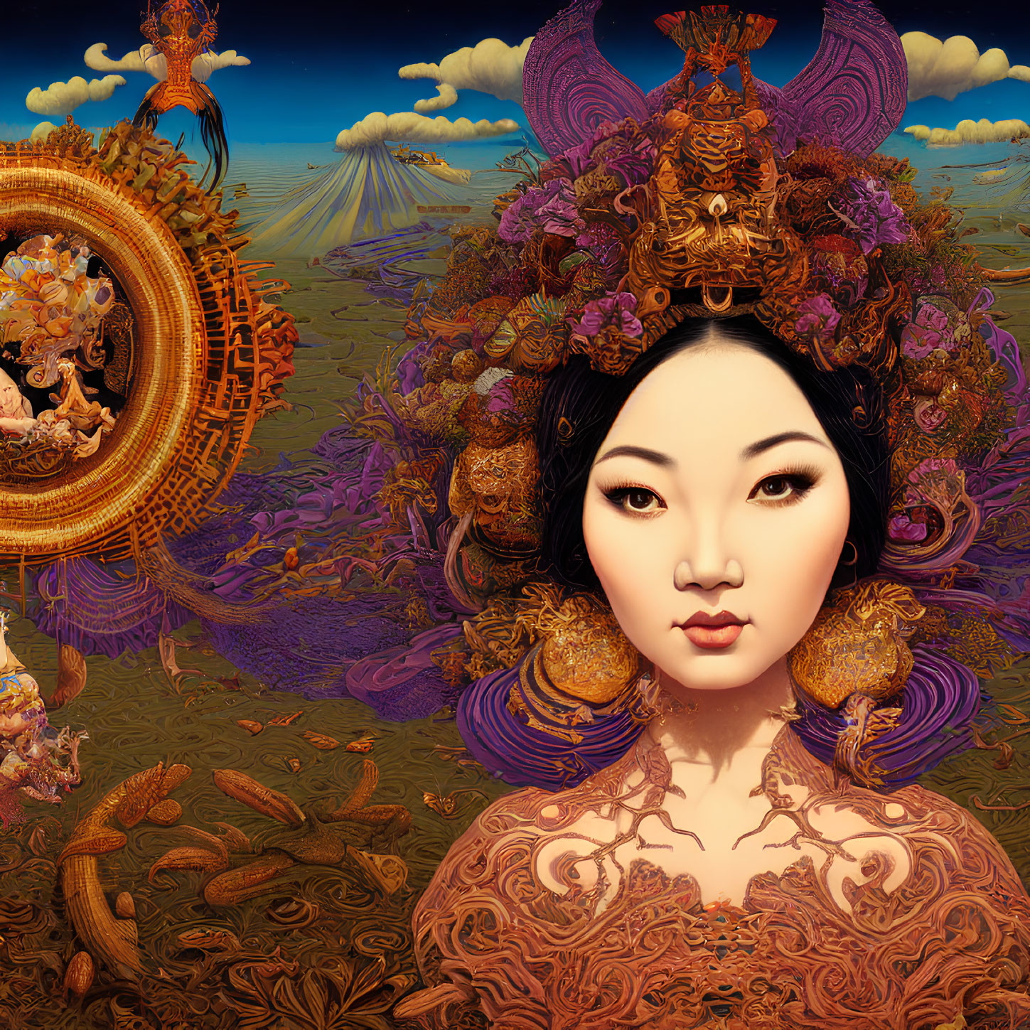 Intricate surreal portrait of woman with ornate headdress and tattoos against vibrant, fantastical landscape