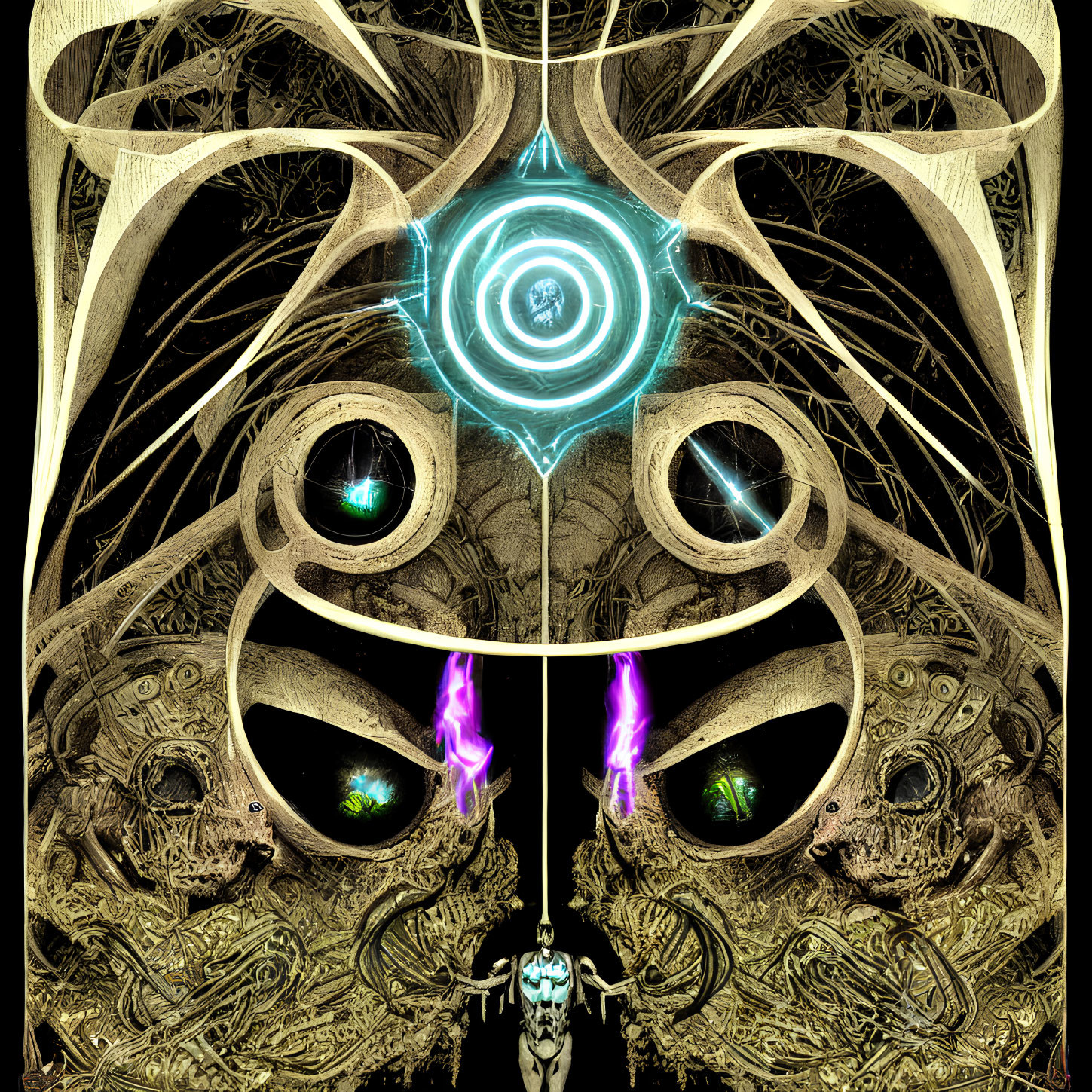 Surreal digital artwork: intricate pattern with skulls, tentacles, glowing orbs, blue vortex