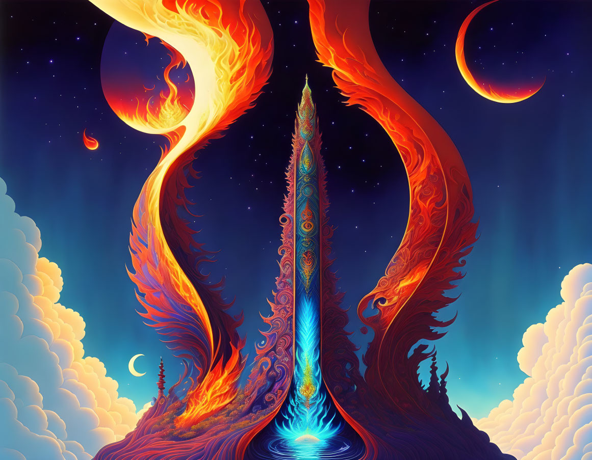 Colorful digital art: Phoenix flying around tower in cosmic scene