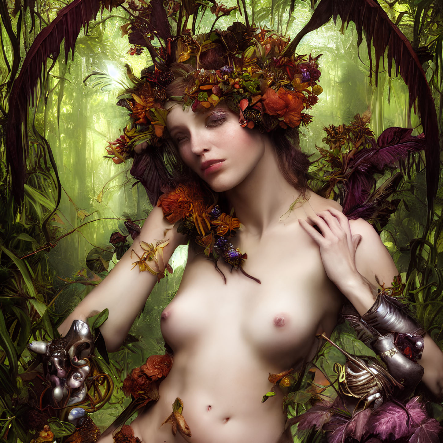 Woman in Earth-Toned Floral Headwear Poses Among Lush Greenery