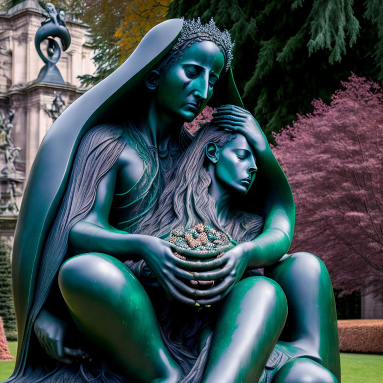 Green-toned male and female statues in garden with pink foliage