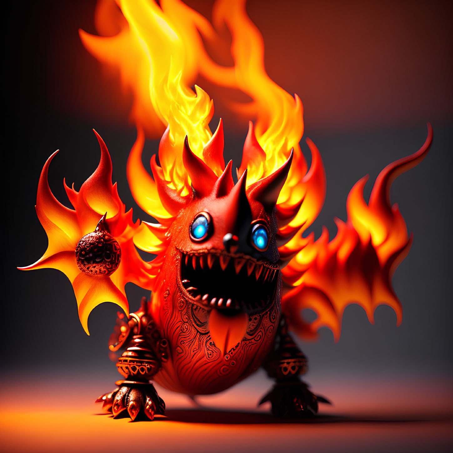 Blue-eyed animated character with fiery orange flames on dark background