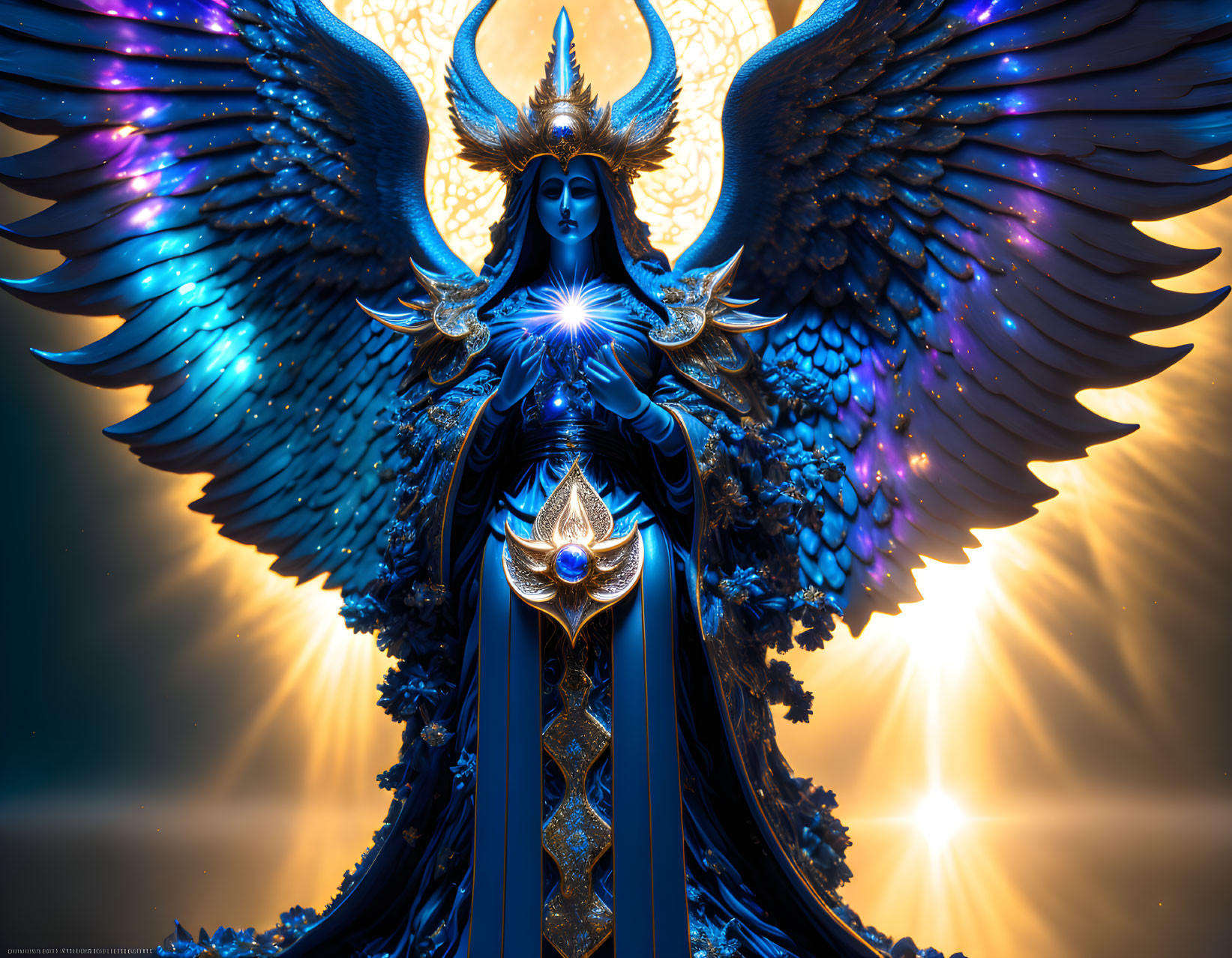 Majestic figure in blue and gold armor with luminous wings and glowing orb in cosmic scene