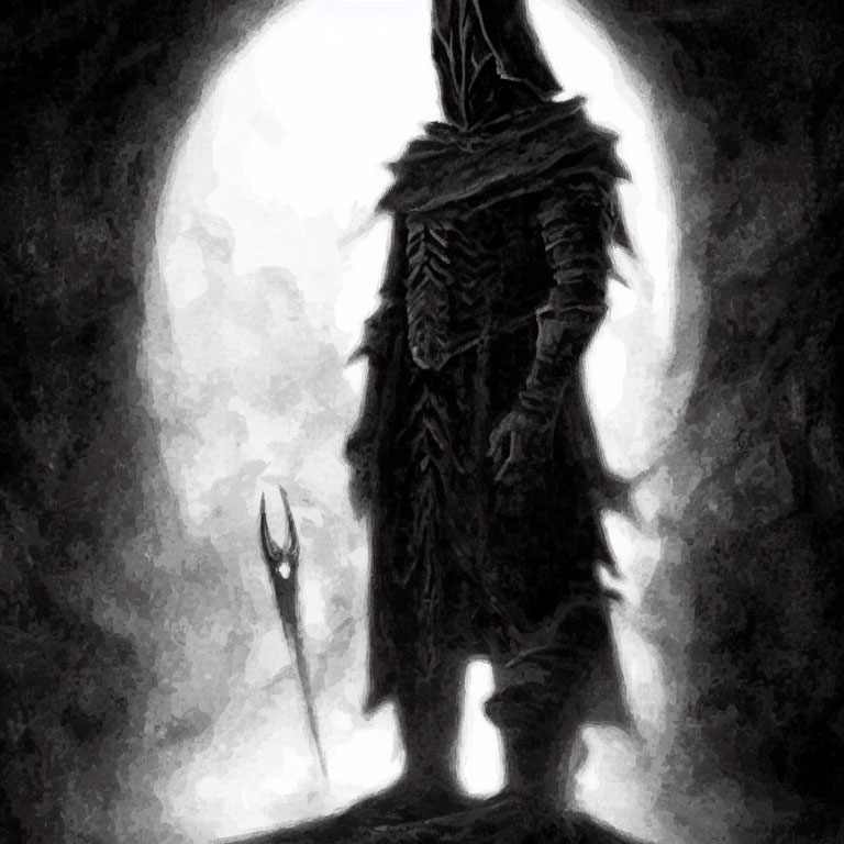 Cloaked figure with spear under full moon