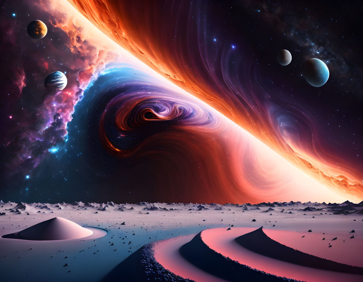 Swirling galaxy, nebula, and surreal desert landscape under star-filled sky