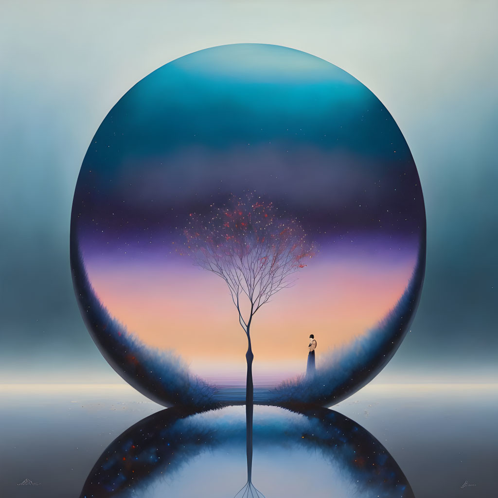 Surreal painting: person, tree, starry sky in circular frame on smooth surface