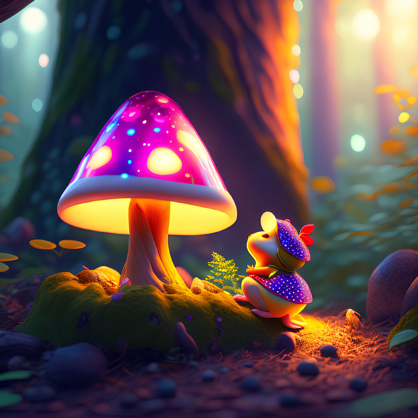 Colorful Glowing Mushroom and Whimsical Creature in Enchanted Forest