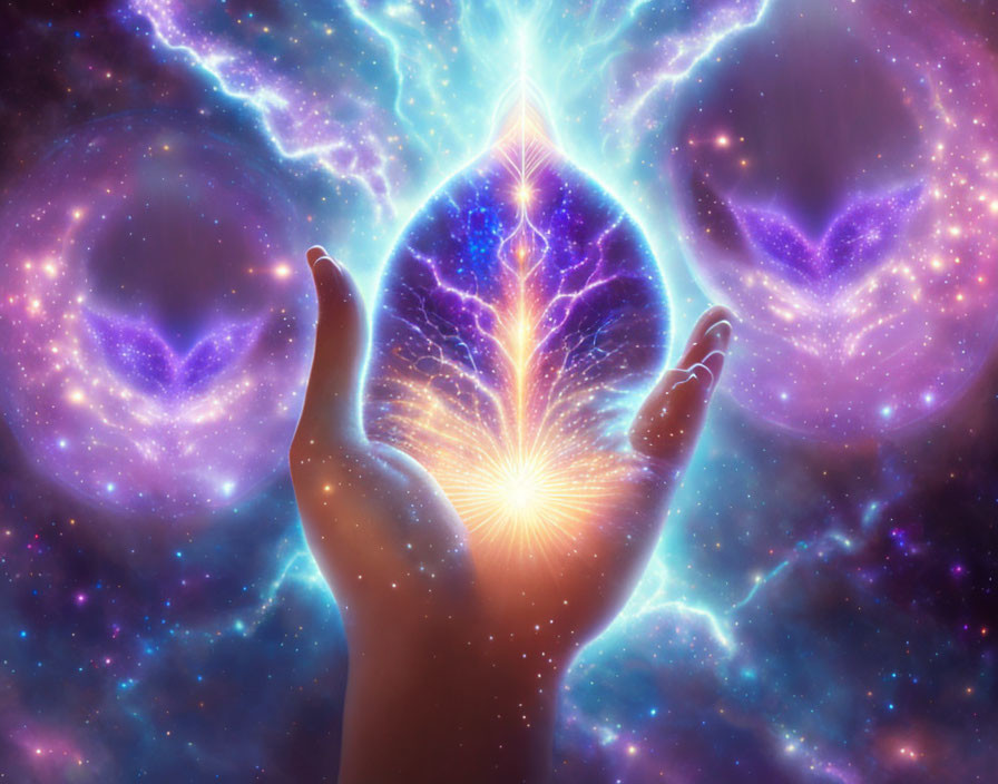 Cosmic energy cradled by hands in mystical scene