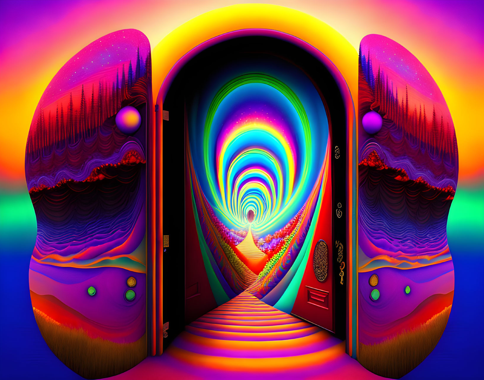 Colorful psychedelic tunnel with swirling patterns and rainbow colors, flanked by open doors and mountainous landscapes