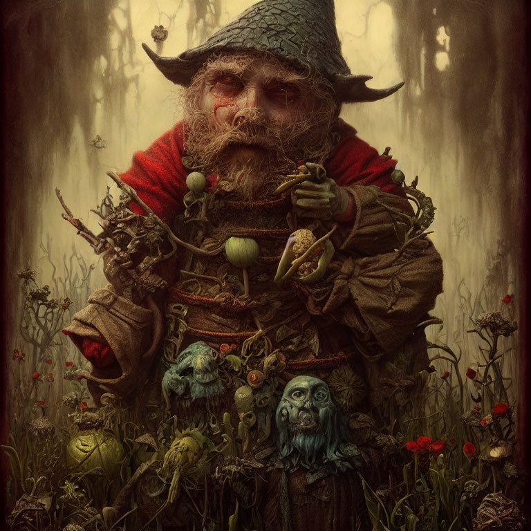 Mystical gnome-like character in red cloak with staff among eerie plants