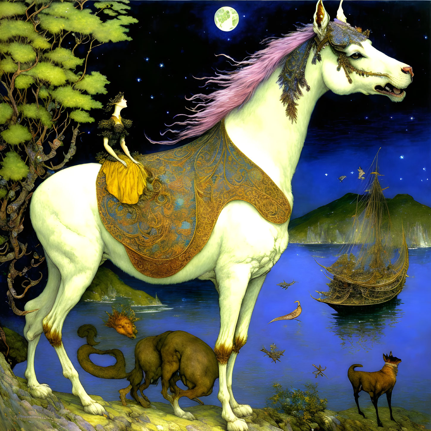 Whimsical illustration of small figure on majestic white horse by moonlit sea