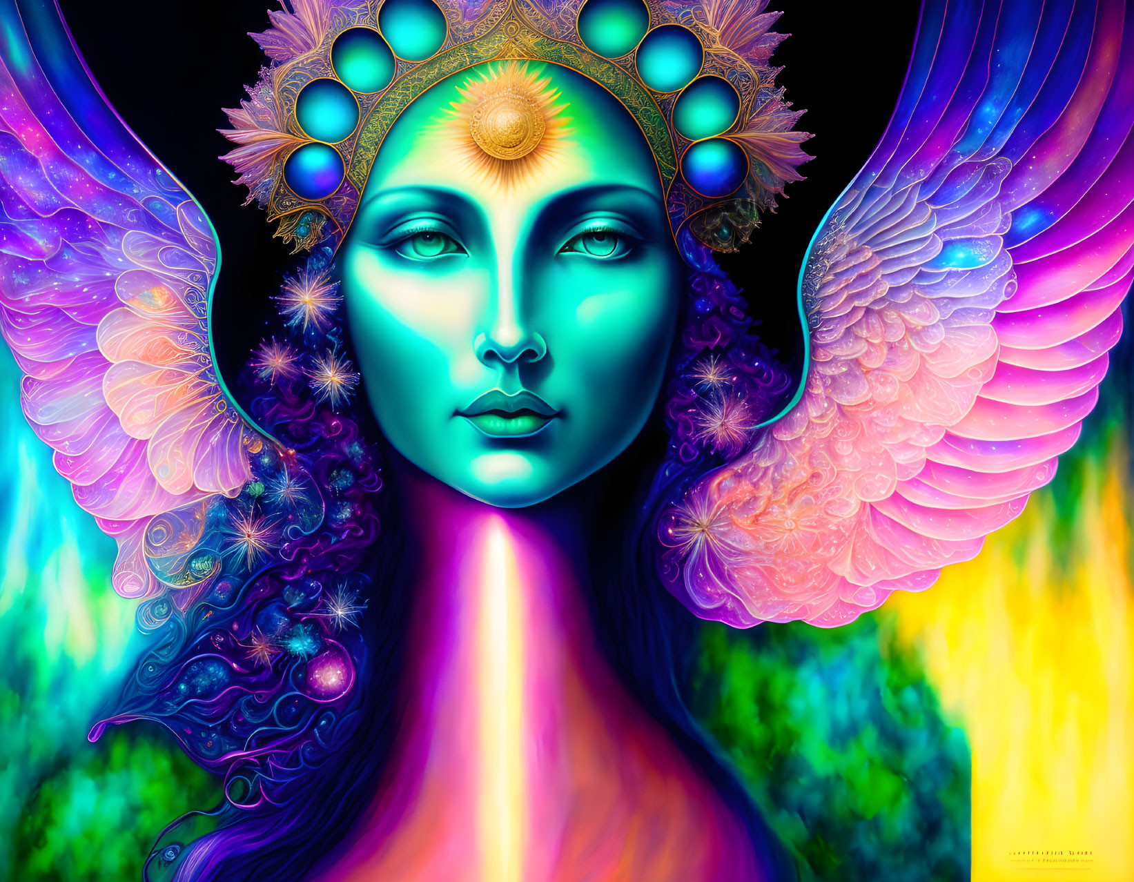 Vibrant surreal female figure with blue skin and celestial motifs