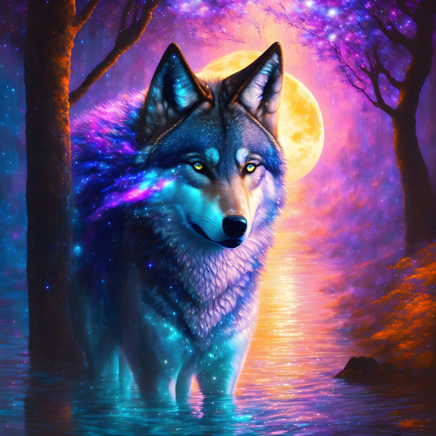 Cosmic Wolf in Vibrant Purple Forest at Full Moon