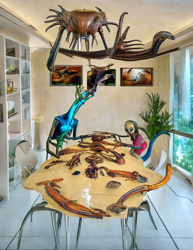 Extraterrestrial-themed surreal dining room with alien and vibrant sculptures