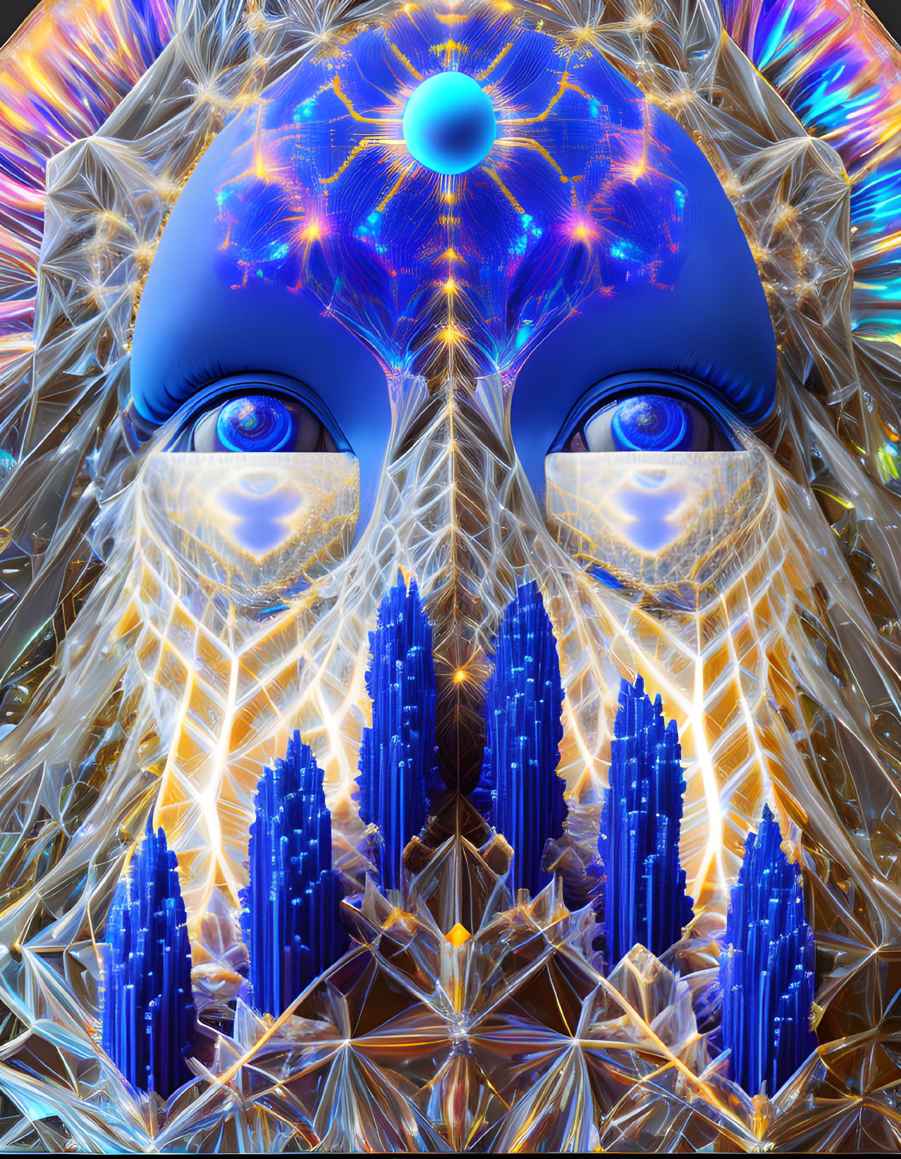 Luminous fractal-inspired face with blue and gold tones