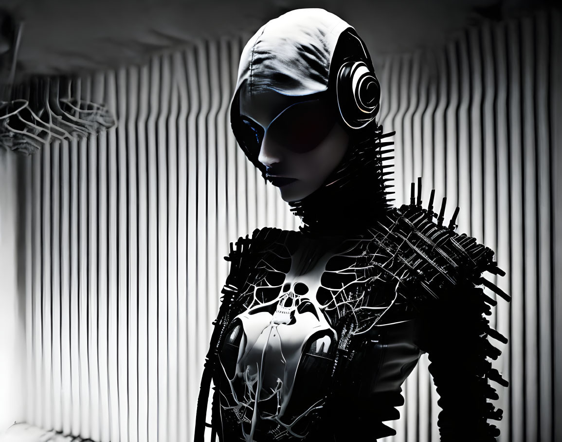 Futuristic female android in black design with white headscarf against striped background