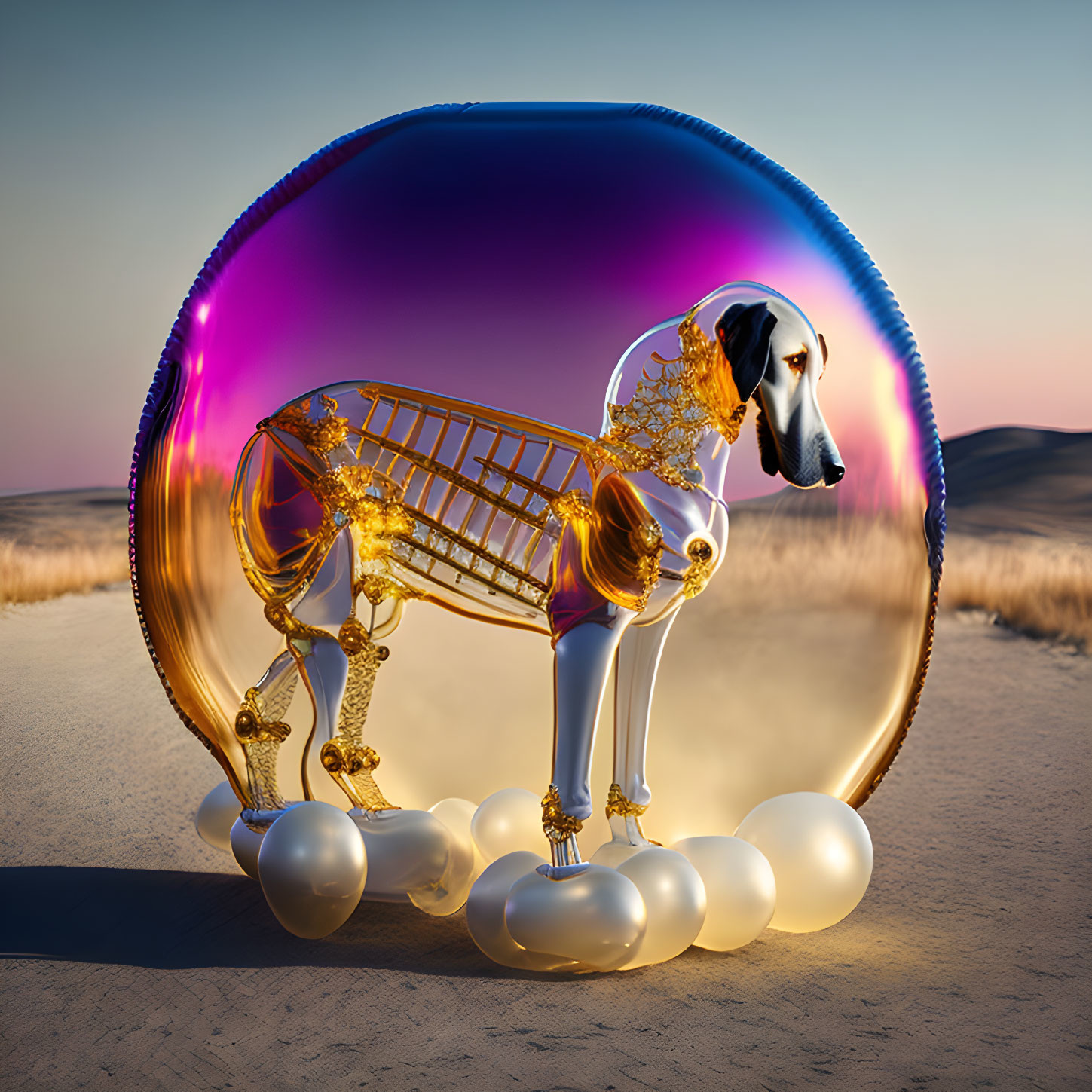 Surreal image: Dog with shopping cart body and pearl necklace in reflective orb in desert