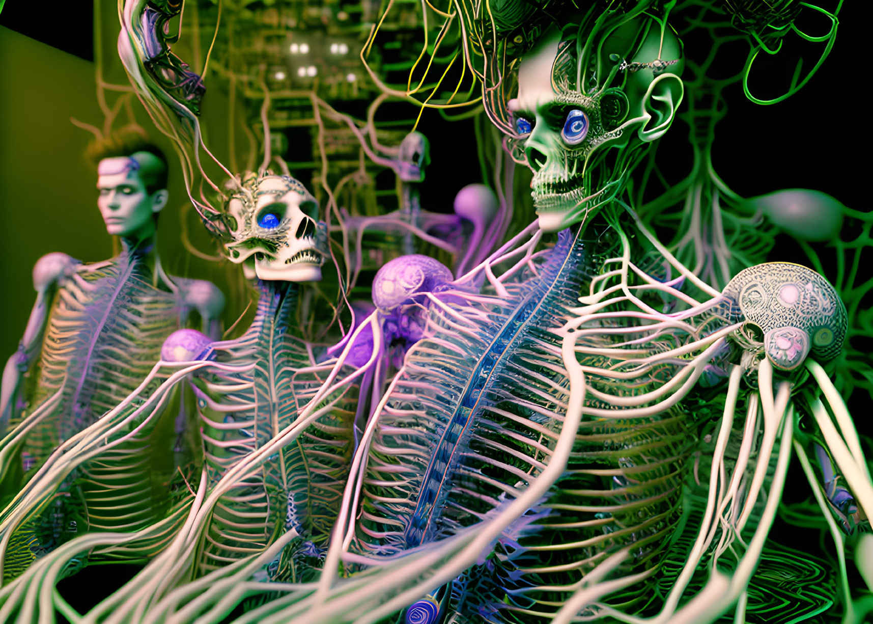 Skeletal figures with wiring in surreal neon-lit setting