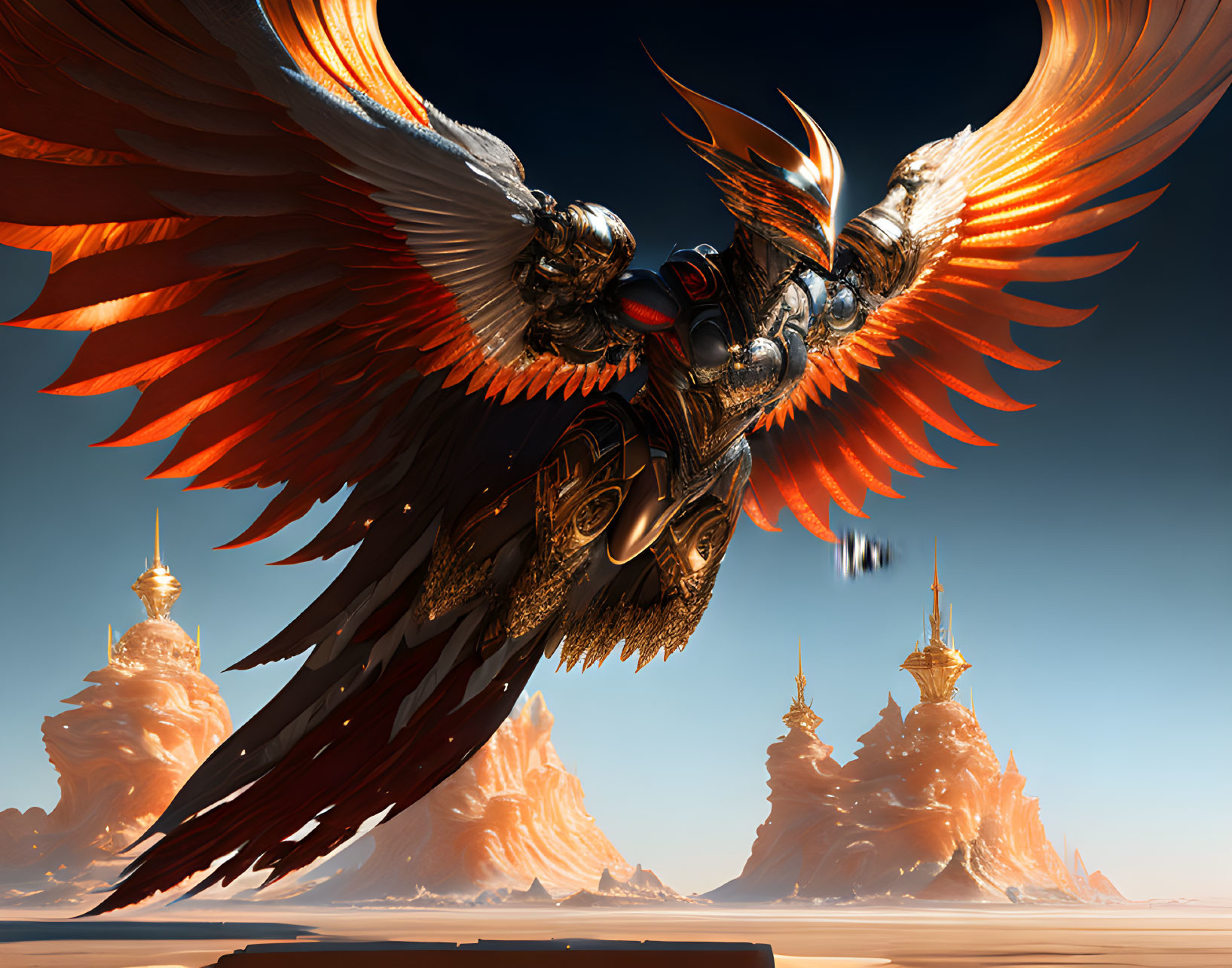 Armored figure with fiery wings flying over desert landscape