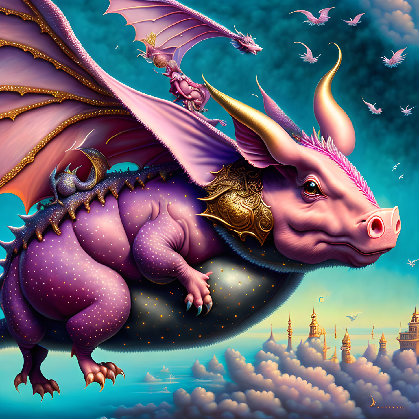 Colorful Illustration of Purple Dragon and Rider Flying over Cloudy Castles at Dusk