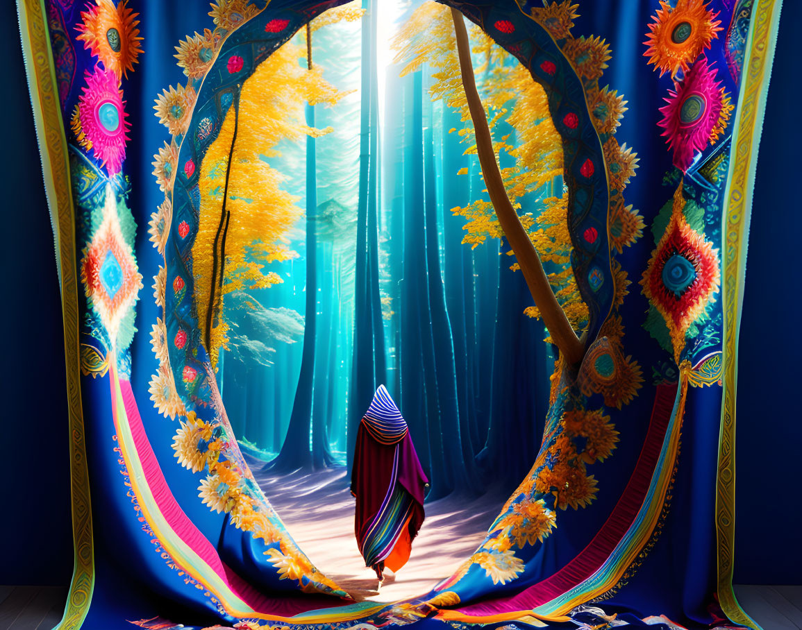 Colorfully dressed person in sunlit forest behind vibrant curtain