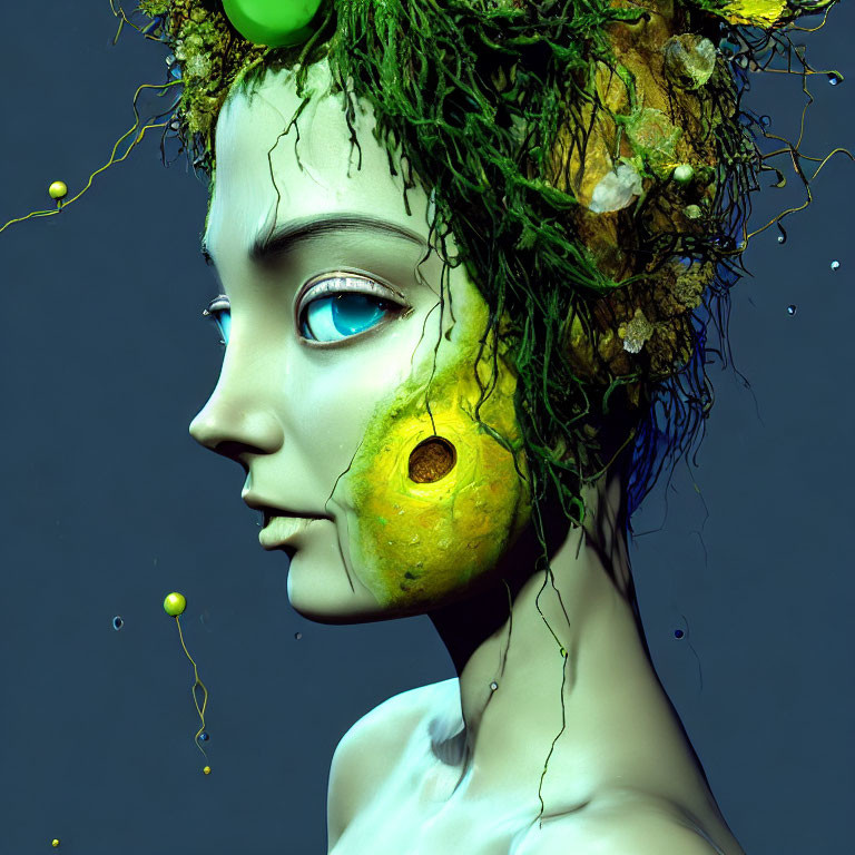 Green-toned digital artwork featuring female figure with organic textures and foliage elements.