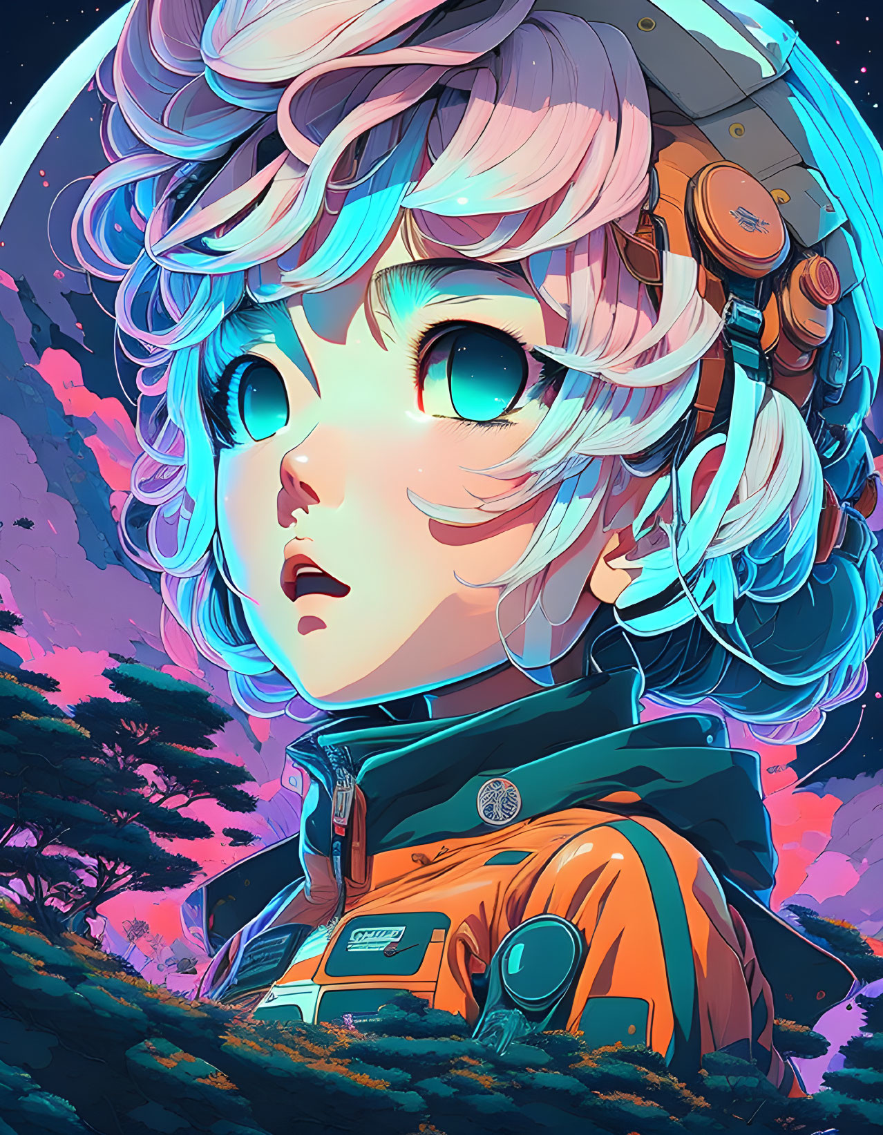 Character illustration with blue eyes, wavy hair, headphones, orange jacket, under starry sky