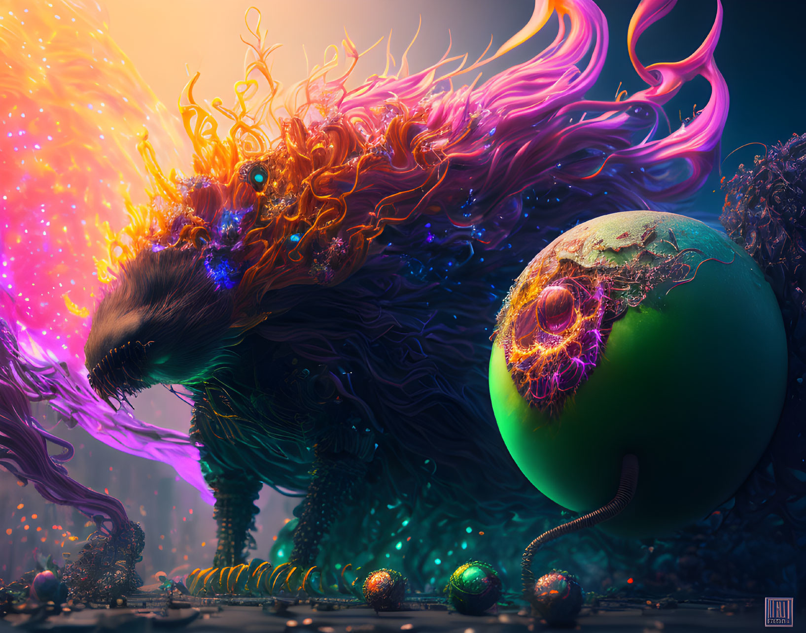 Colorful creature with fiery mane near orb in neon-lit landscape