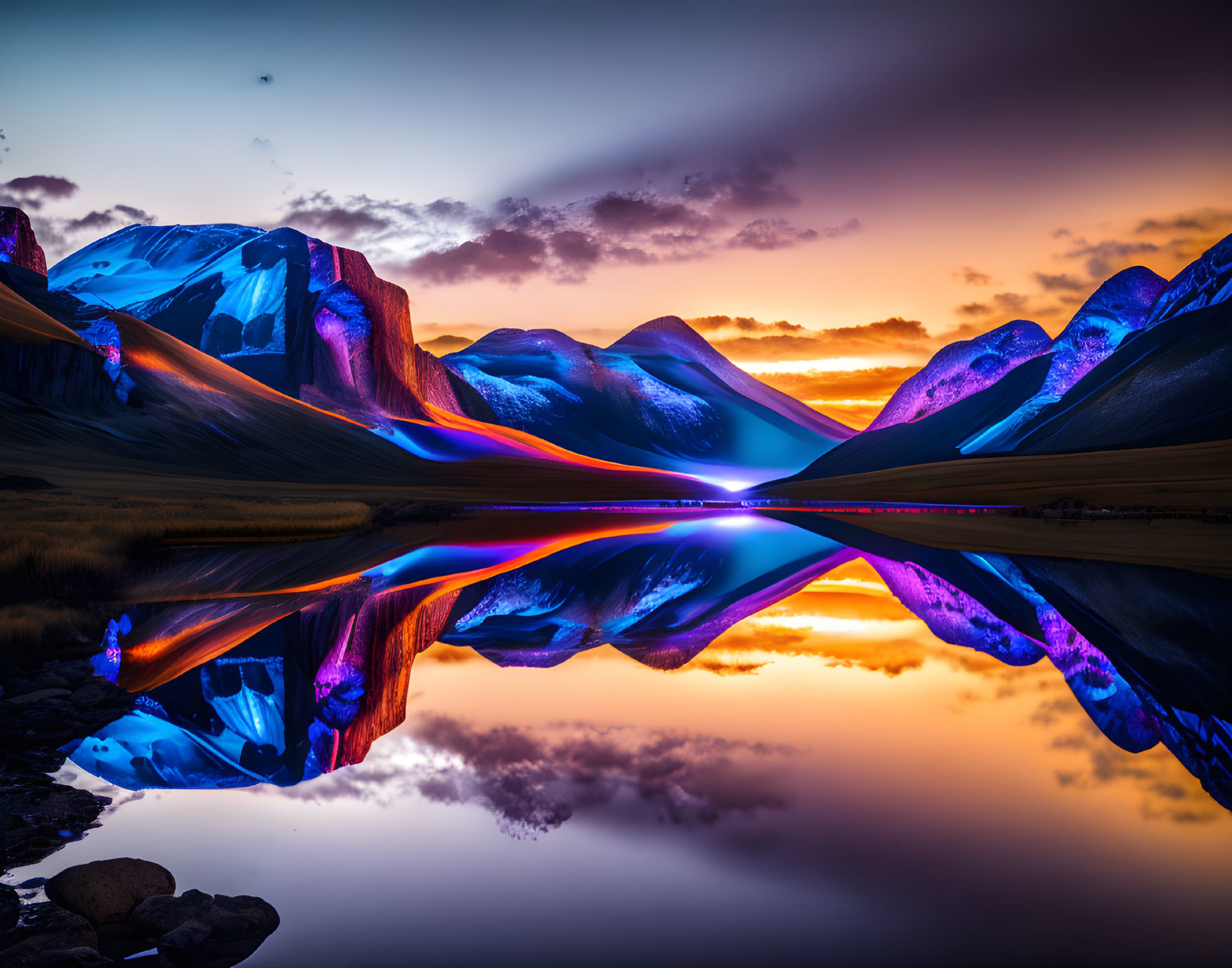 Snow-capped mountains and serene lake under dramatic sunset sky in vibrant landscape