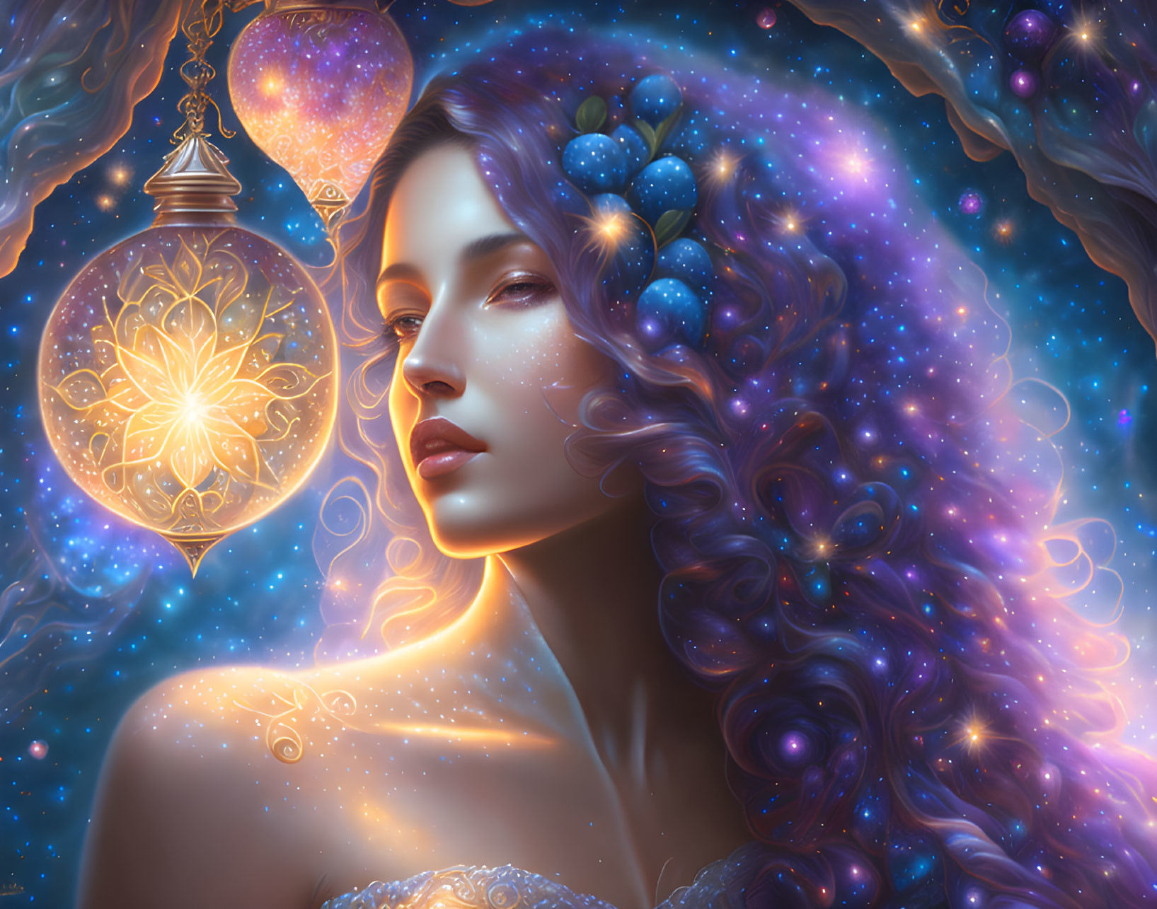 Vibrant blue and purple hair woman with cosmic orbs and berries in fantastical image