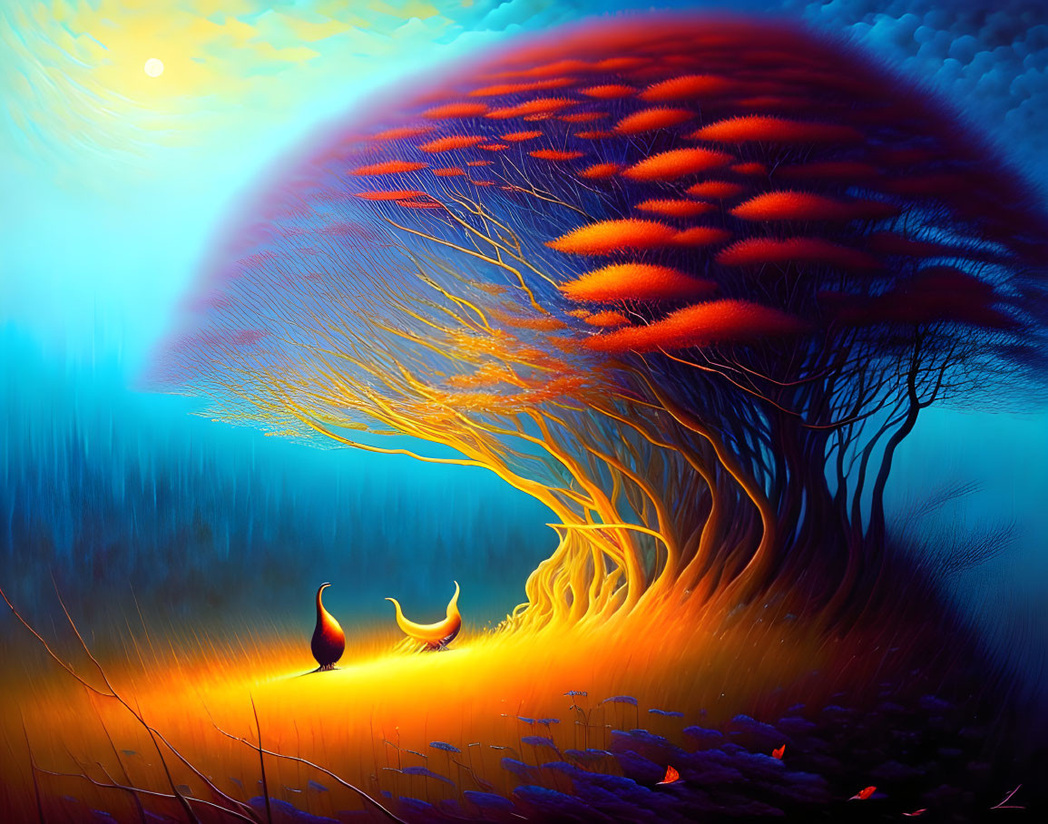 Colorful surreal digital artwork: Flaming tree against blue landscape