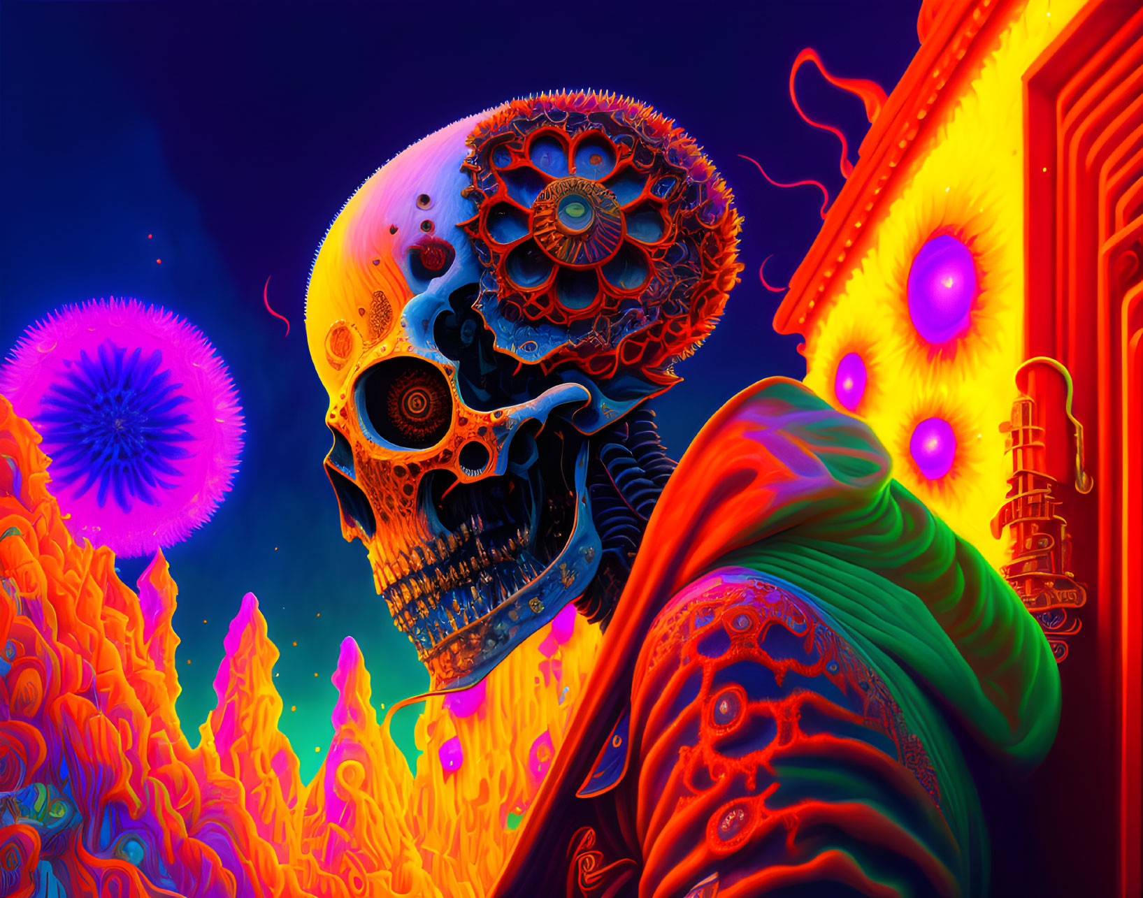 Colorful psychedelic artwork: skull, gears, flames, spores, and cloak on neon backdrop