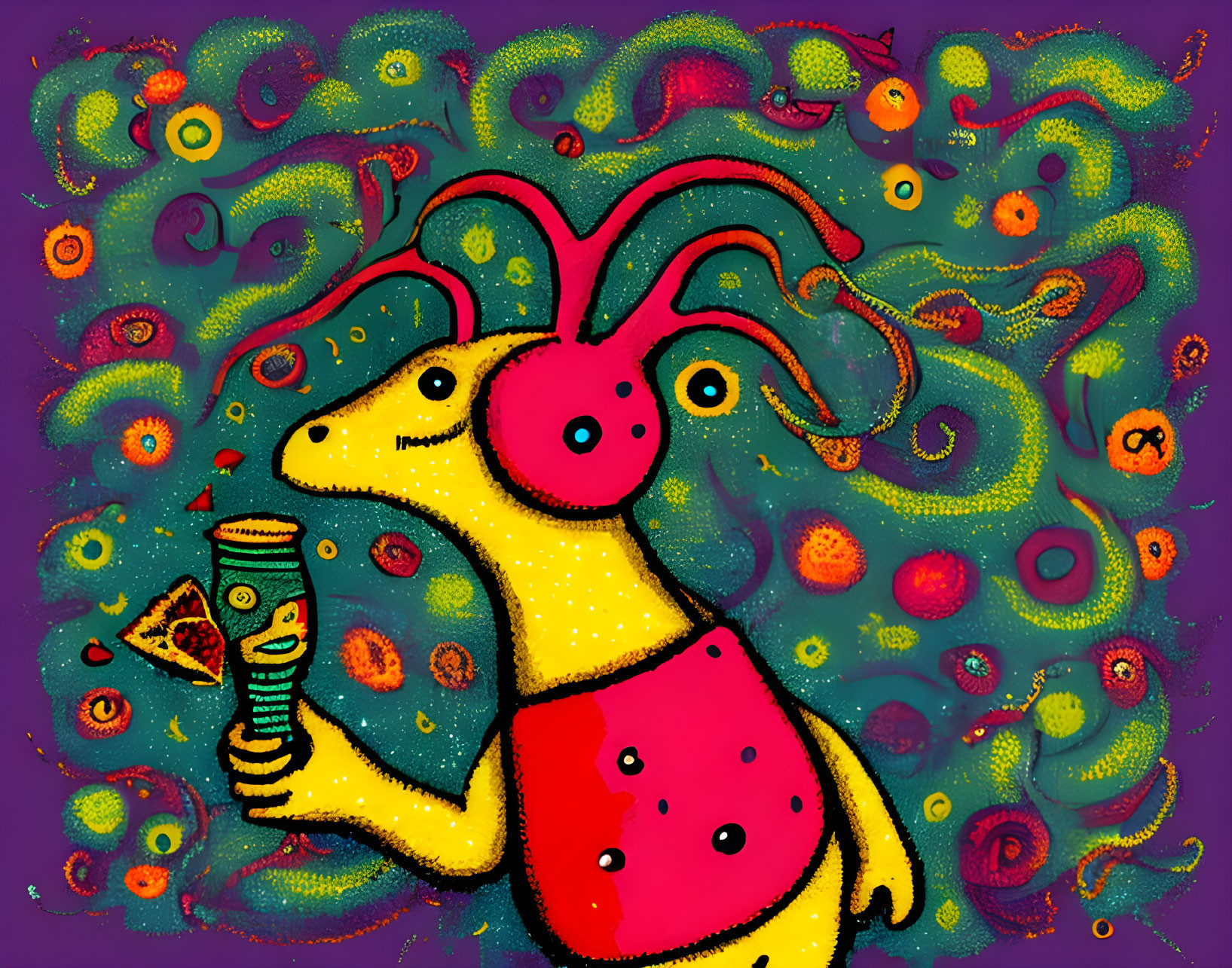 Colorful Abstract Illustration: Creature with Antlers Holding Pizza Slice