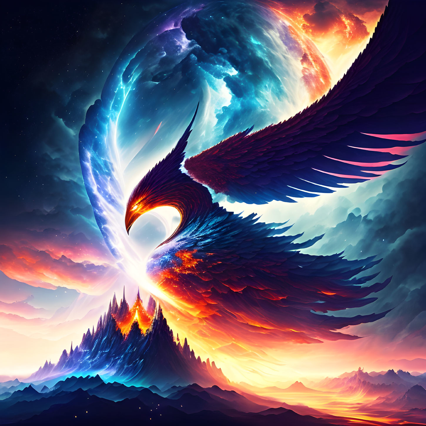 Majestic phoenix in cosmic scene with vibrant hues