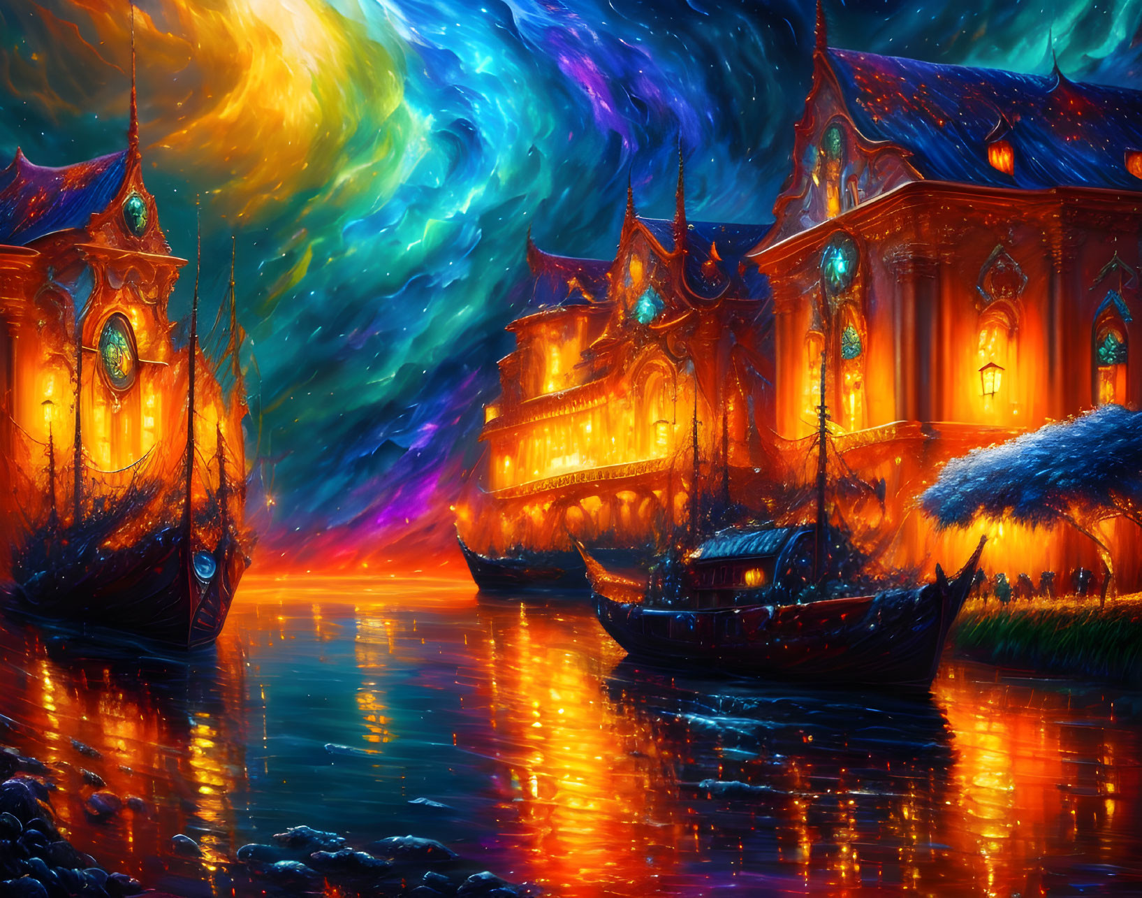 Colorful nightscape with glowing buildings and ships on water under a swirling sky