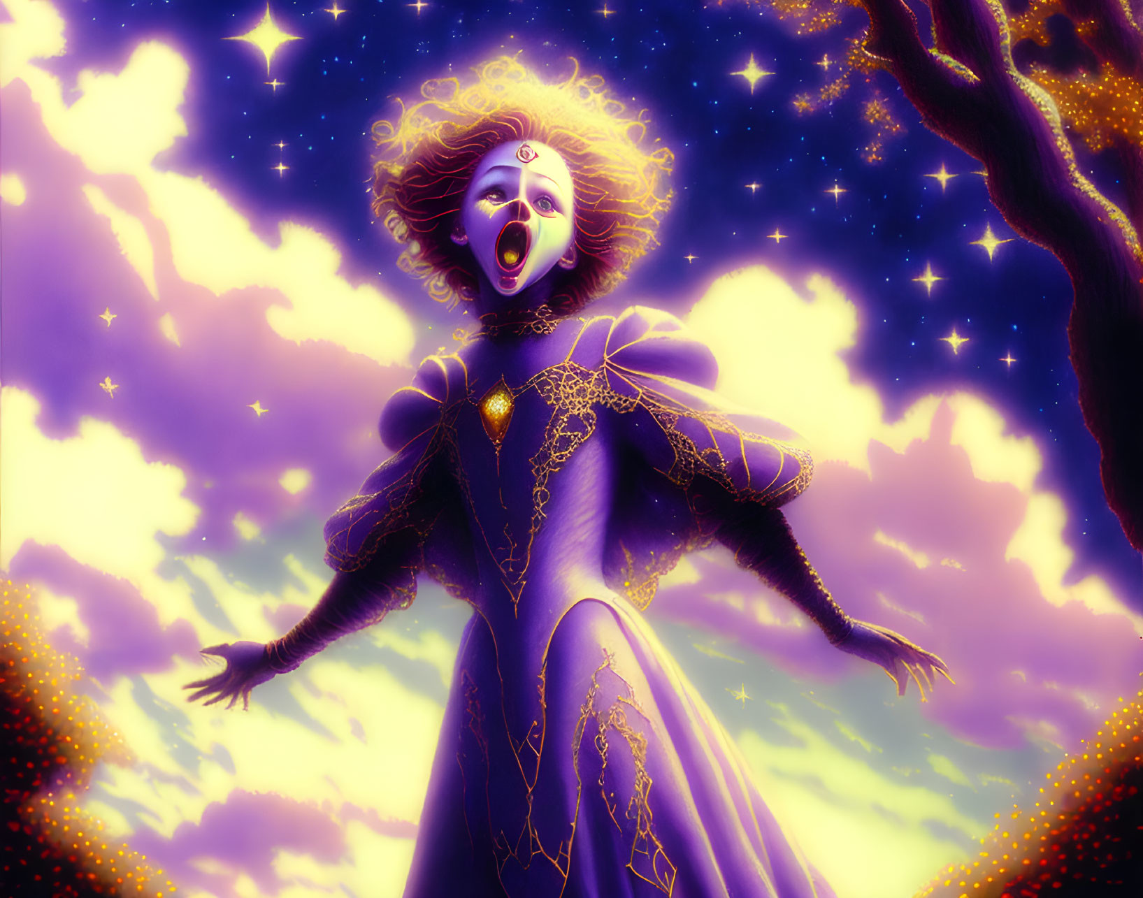 Illustrated woman in purple attire under starry sky with silhouetted tree