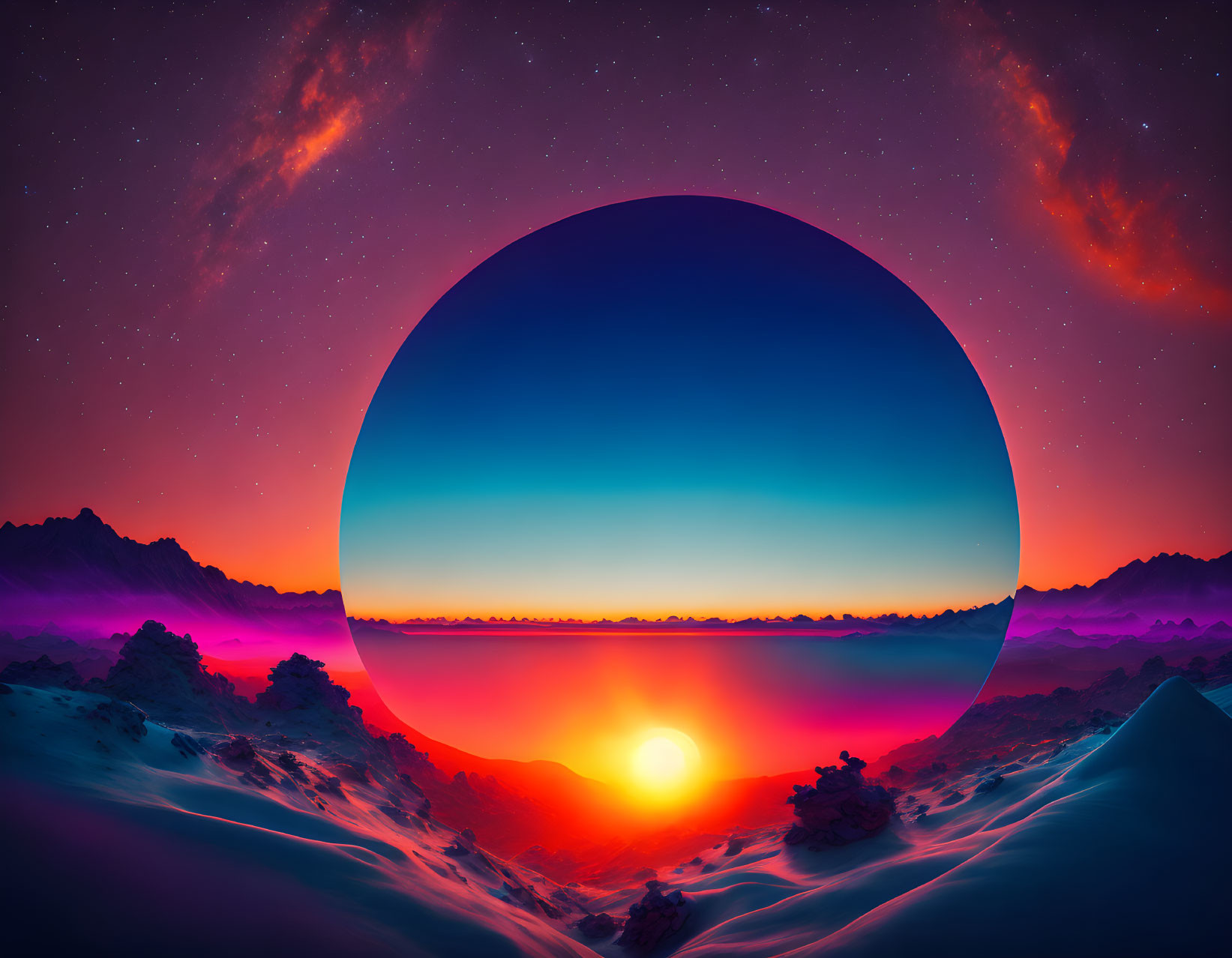 Vibrant surreal landscape with large circle framing sun