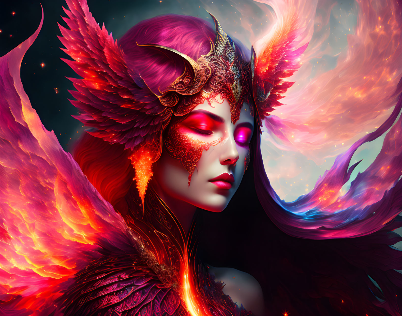 Digital artwork: Woman with ornate red and gold feathered headgear in cosmic setting