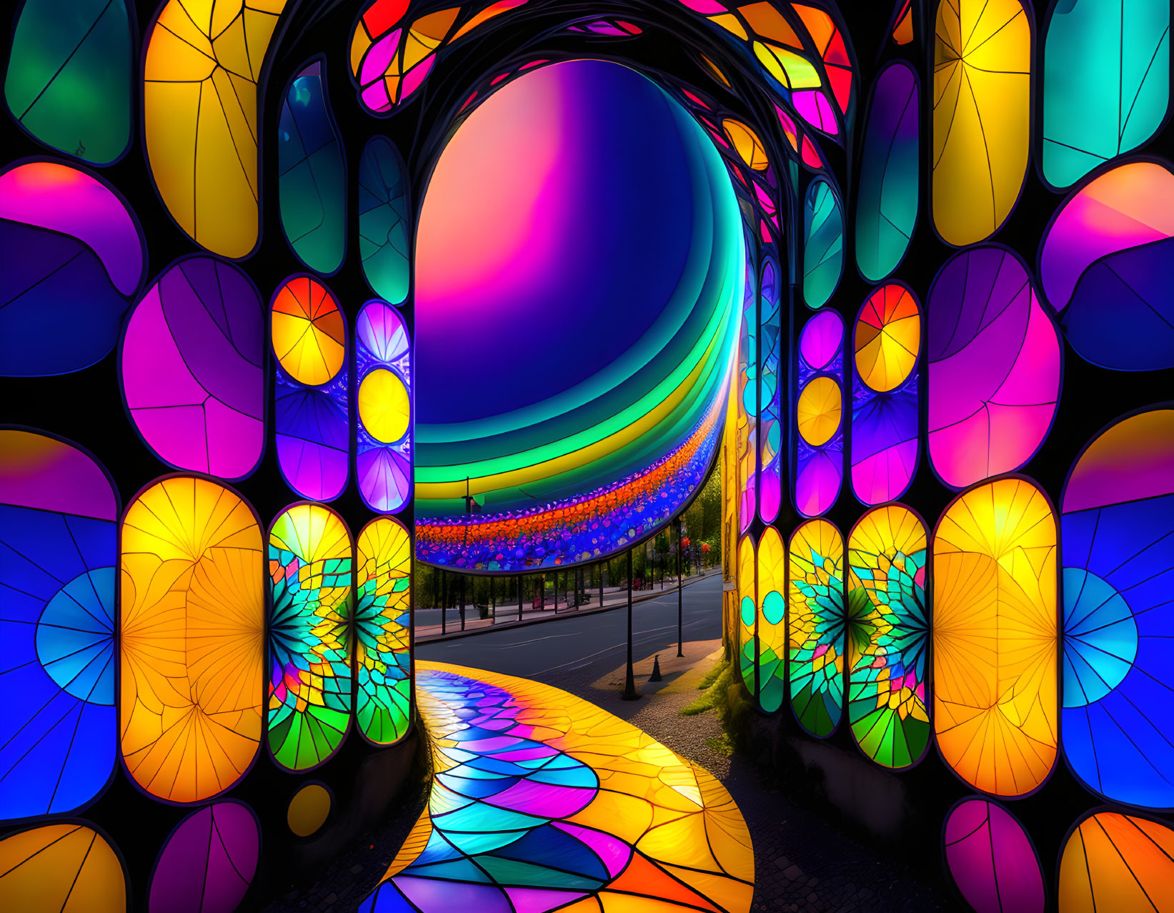 Vibrant, Colorful Passage with Stained Glass Patterns under Rainbow Archway