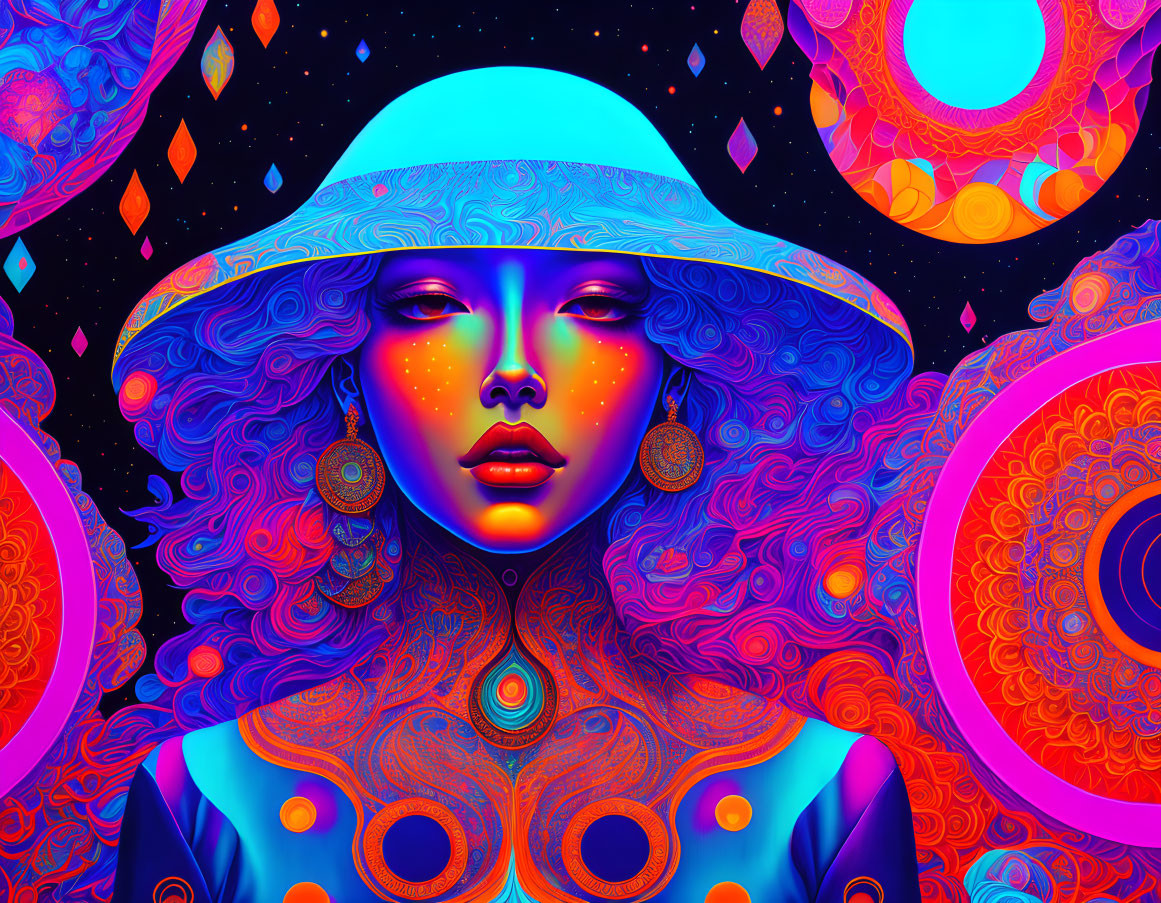 Colorful digital art of woman in wide-brimmed hat with psychedelic patterns on cosmic background